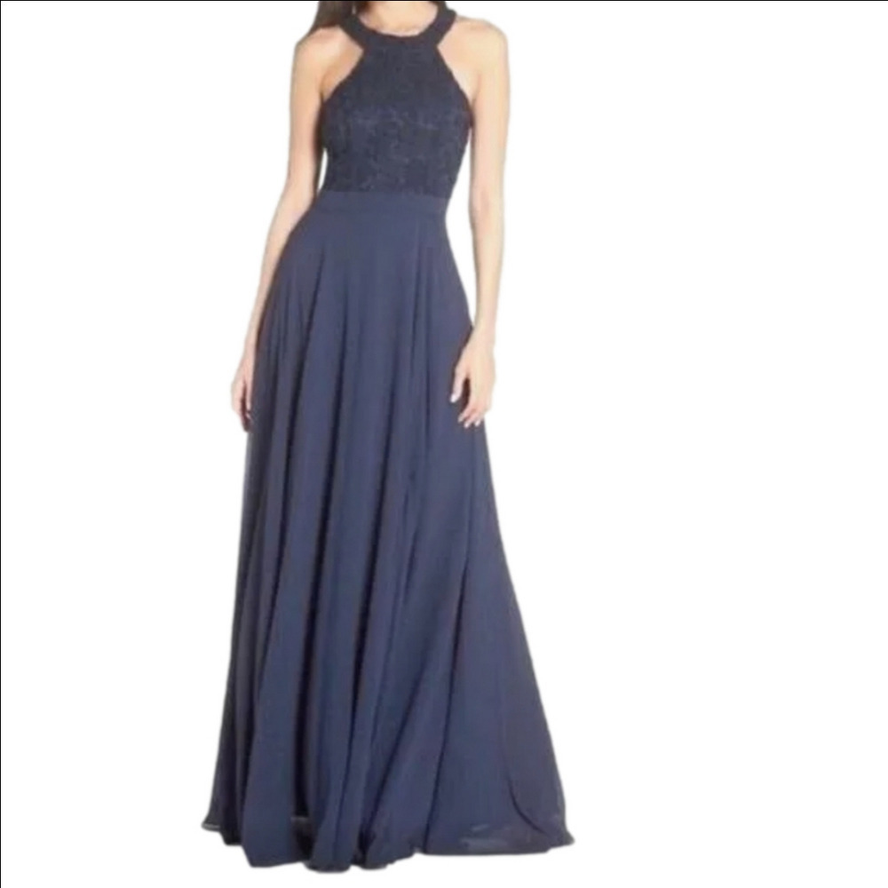 Lulu's Love Poem Picture Perfect Navy Blue Halter Neckline Maxi Dress Size M